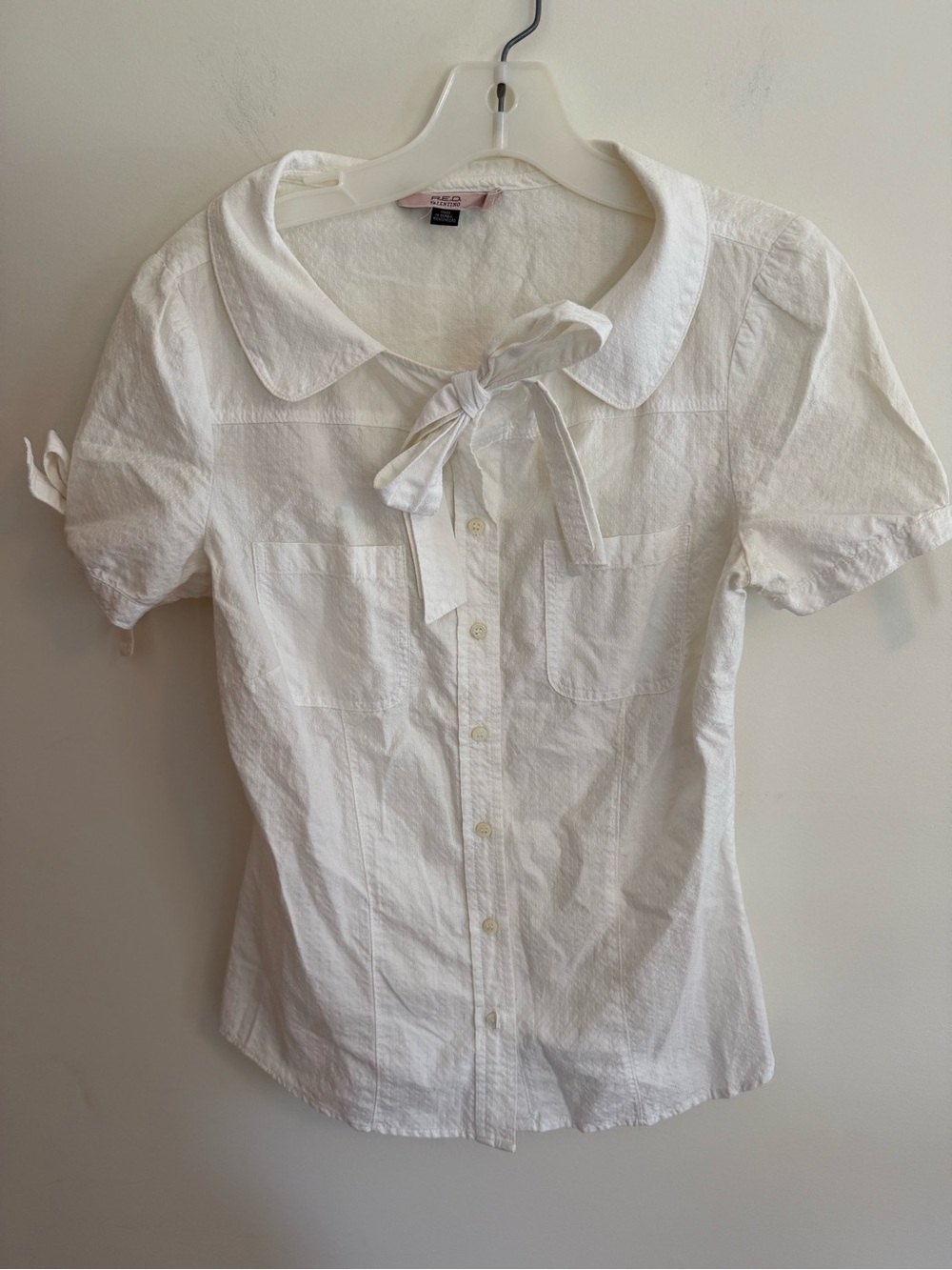 Valentino White Short-Sleeve Tie-Neck Button-Down Blouse